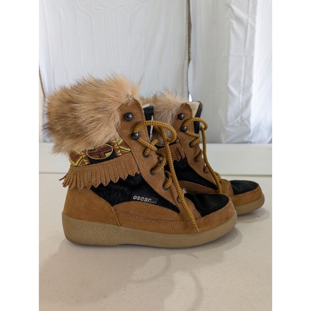 Oscar Sport Women's Alessia Fur Boots Size 37 - US 7 Brown Leather Black Fur.